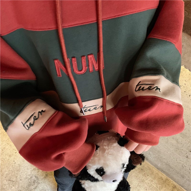 Chubby Girl fleece-lined thickened hooded sweater womens clothing autumn and winter students Korean style loose coat ins fashion Brick Red  - Image 1