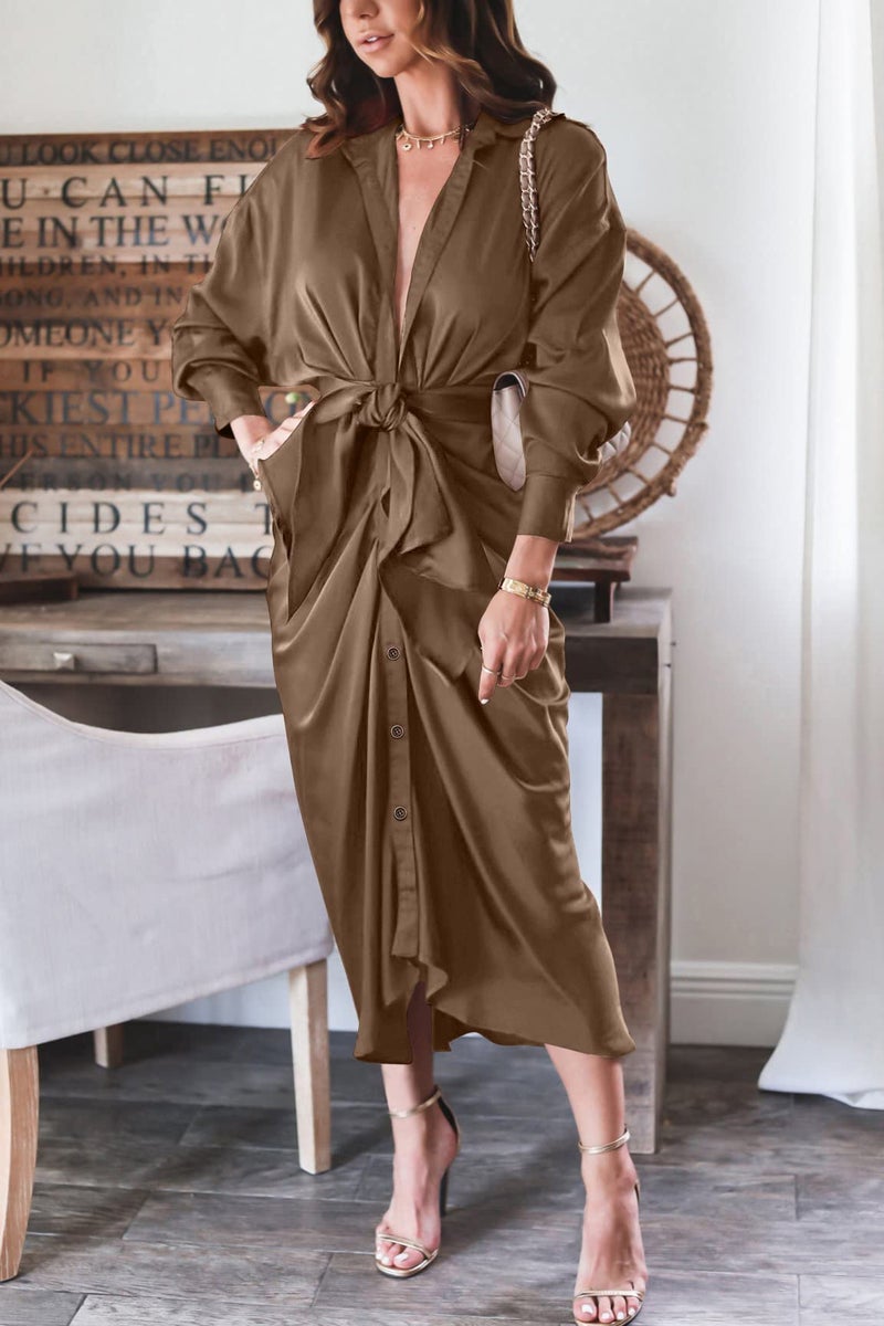 BTFBM Summer Dresses for Women 2026 Long Sleeve V Neck Button Down Elegant Belted Ruched Satin Silk Shirt Spring Dress(Dark Brown, Large) - Image 4
