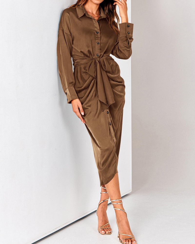 BTFBM Summer Dresses for Women 2026 Long Sleeve V Neck Button Down Elegant Belted Ruched Satin Silk Shirt Spring Dress(Dark Brown, Large) - Image 5