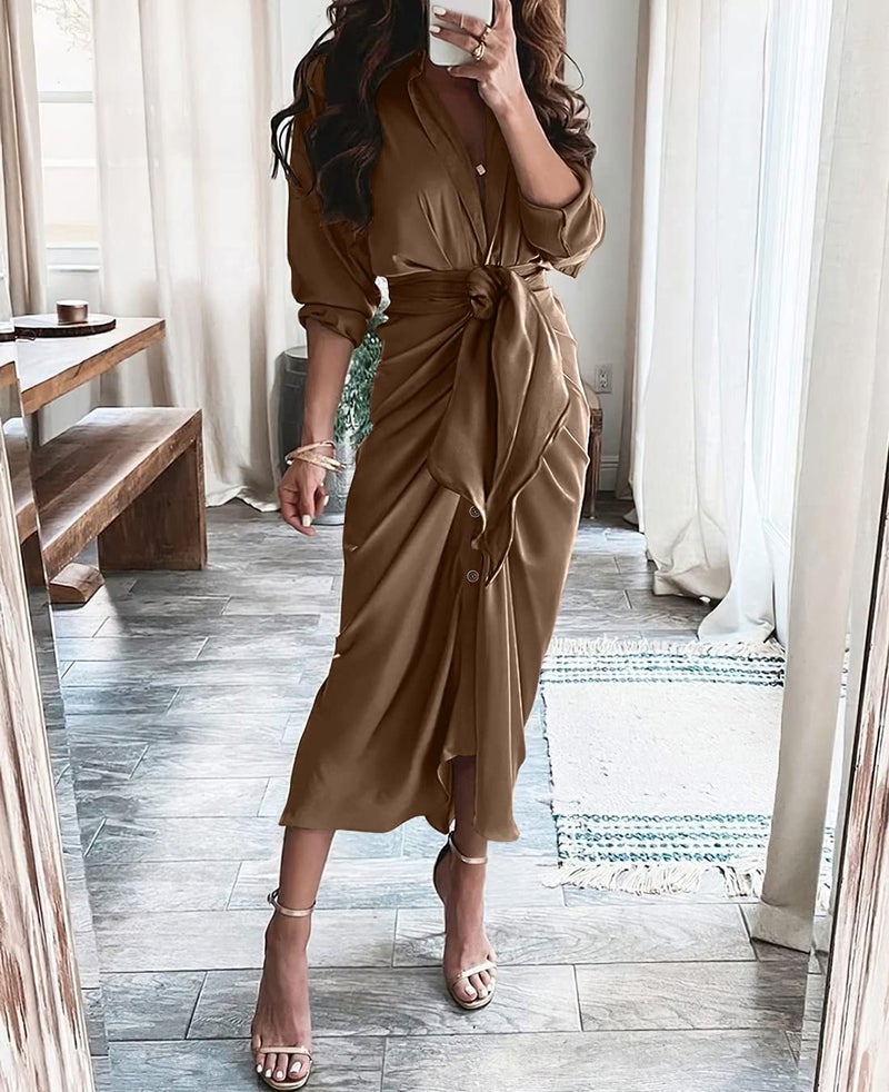 BTFBM Summer Dresses for Women 2026 Long Sleeve V Neck Button Down Elegant Belted Ruched Satin Silk Shirt Spring Dress(Dark Brown, Large) - Image 2