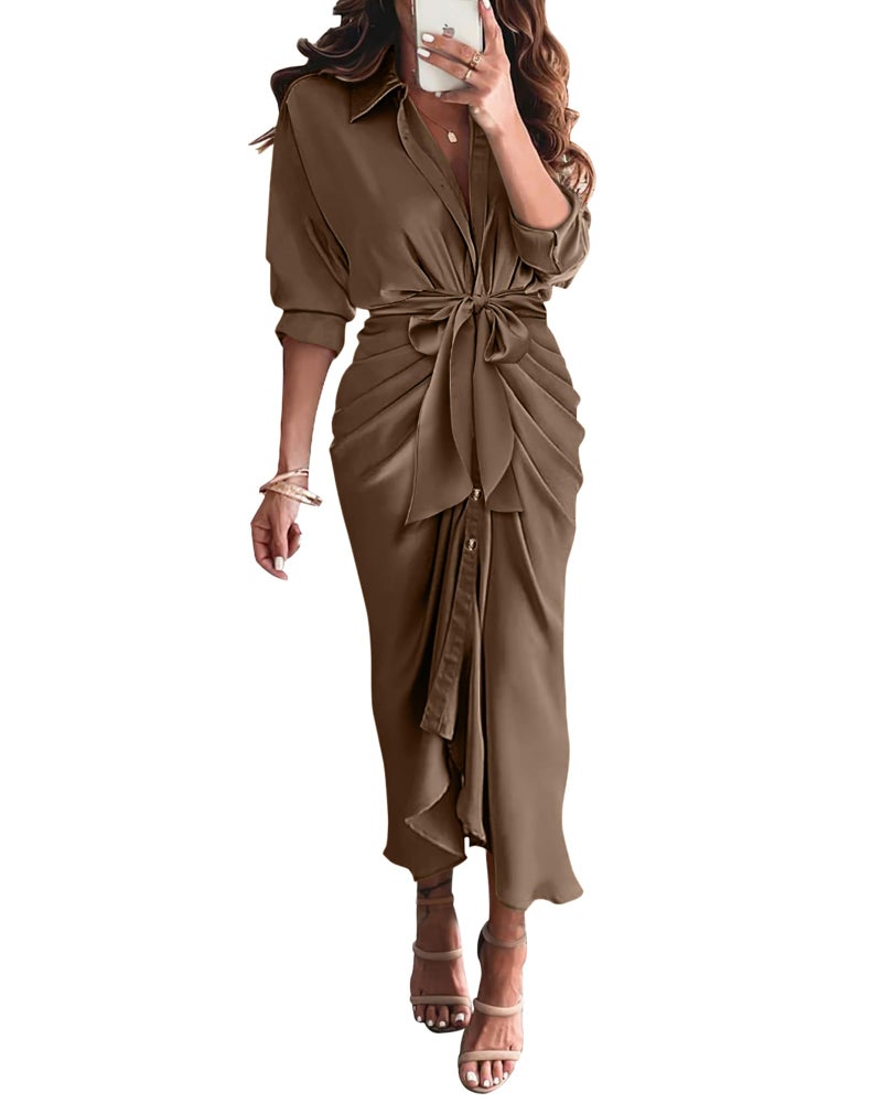 BTFBM Summer Dresses for Women 2026 Long Sleeve V Neck Button Down Elegant Belted Ruched Satin Silk Shirt Spring Dress(Dark Brown, Large) - Image 1