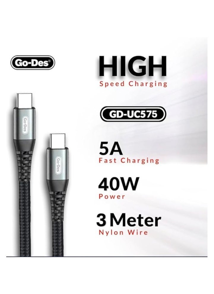 GO-DES 3 Meter USB-C to USB-C Cable Black 40W Fast Charge 5A Power Delivery Cord for High-Speed Charging and Data Transfer - Image 4