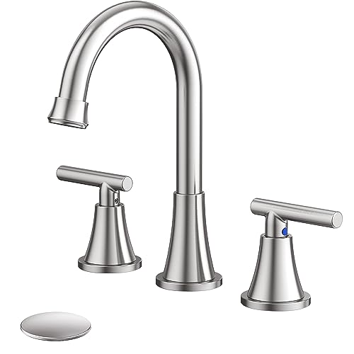 Hurran Bathroom Faucets for Sink 3 Hole, Hurran Brushed Nickel Bathroom Sink Faucet with Pop-up Drain and Supply Lines, Stainless Steel Lead-Free Widespread Faucet for Vanity RV Farmhouse Sink - Image 1