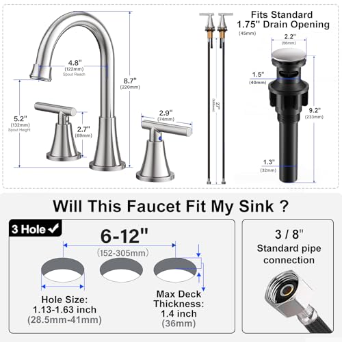 Hurran Bathroom Faucets for Sink 3 Hole, Hurran Brushed Nickel Bathroom Sink Faucet with Pop-up Drain and Supply Lines, Stainless Steel Lead-Free Widespread Faucet for Vanity RV Farmhouse Sink - Image 5