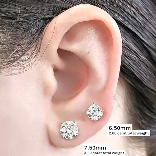 Central Diamond Center 14K Solid Gold Post & Sterling Silver 4 Prong CZ Stud Earrings - Yellow Gold Plated - 7.50mm - 3.00cttw - Image 3