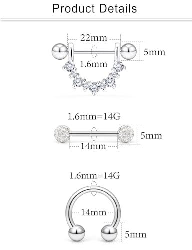 Cisyozi 14G Nipple Piercing Jewelry Tongue Rings for Women 14 Gauge Stainless Surgical Steel Silver Nipple Tongue Ring Diamond Nipple Barbells Bar Nipple Hoops Nipple Piercings Jewelry Women Clear CZ - Image 2