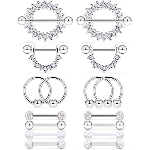 Cisyozi 14G Nipple Piercing Jewelry Tongue Rings for Women 14 Gauge Stainless Surgical Steel Silver Nipple Tongue Ring Diamond Nipple Barbells Bar Nipple Hoops Nipple Piercings Jewelry Women Clear CZ - Image 1