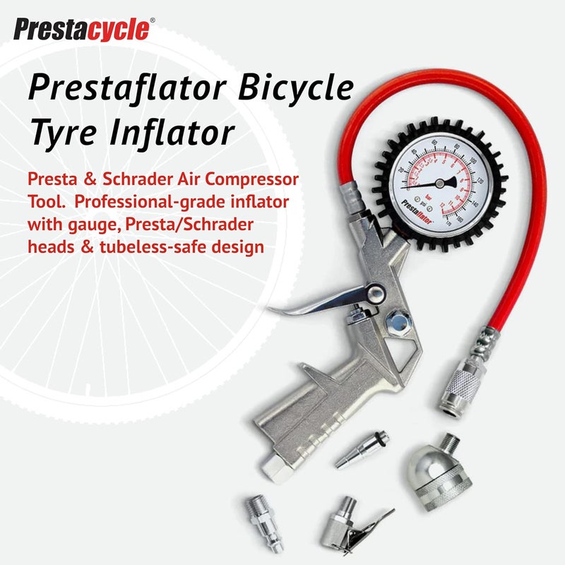 Prestacycle Prestaflator Bike Tire Inflator, Presta & Schrader Valve Air Compressor Tool – Works with Tubeless & Standard Tires – Bike & Car Air Compressor Tire Inflator for MTB & Road Bikes - Image 2