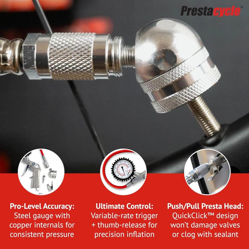 Prestacycle Prestaflator Bike Tire Inflator, Presta & Schrader Valve Air Compressor Tool – Works with Tubeless & Standard Tires – Bike & Car Air Compressor Tire Inflator for MTB & Road Bikes - Image 4