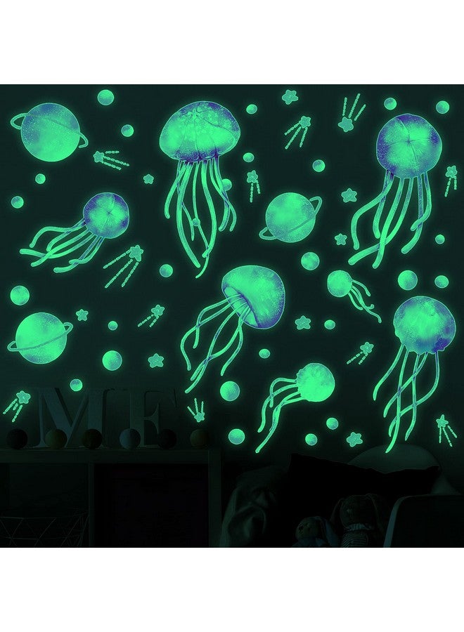 LiveGallery Starry Sky Jellyfish Wall Sticker Glow in The Dark Wall Stickers Stars Fluorescent Green Luminous Wall Decals DIY Peel Stick Art Decor for Walls Ceiling Kids Bedroom Living Room Nursery Girls and Boys(Green) - Image 1