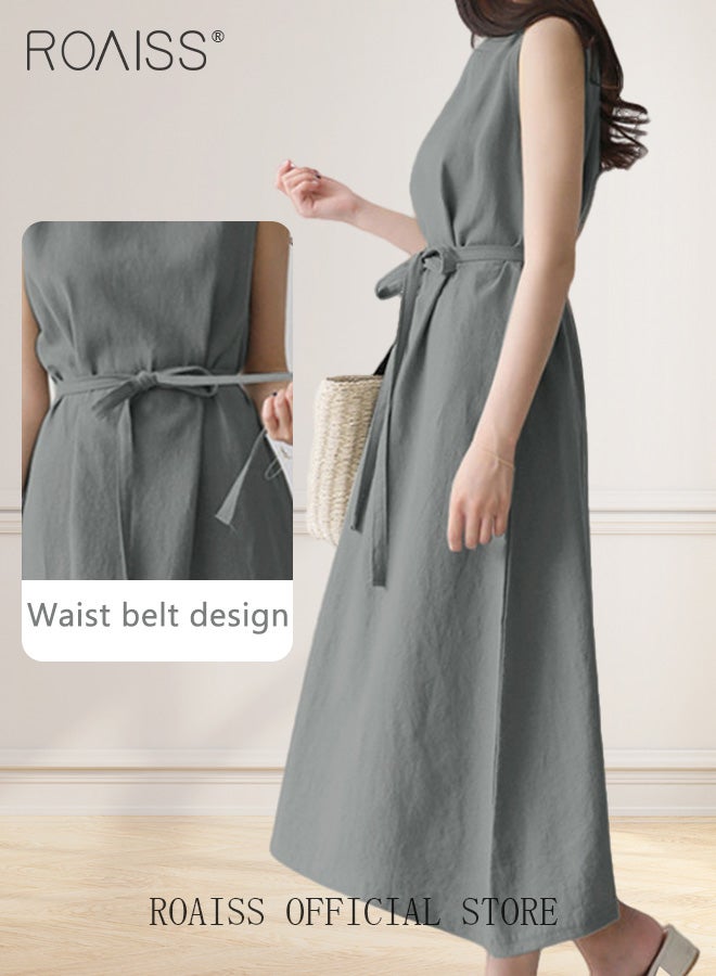 roaiss Ladies Comfortable High-Waist Dress for Daily Commute - Sleeveless Cotton Linen Dress with Simple Design and Soothing Solid Color Featuring Waist Design and Round Neckline - Image 3