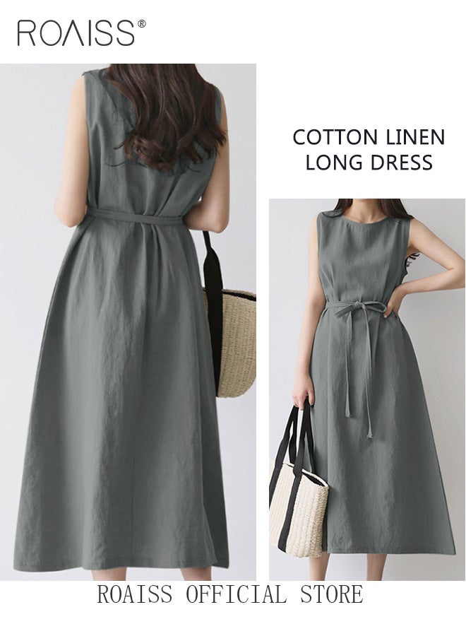 roaiss Ladies Comfortable High-Waist Dress for Daily Commute - Sleeveless Cotton Linen Dress with Simple Design and Soothing Solid Color Featuring Waist Design and Round Neckline - Image 5