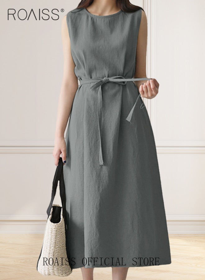 roaiss Ladies Comfortable High-Waist Dress for Daily Commute - Sleeveless Cotton Linen Dress with Simple Design and Soothing Solid Color Featuring Waist Design and Round Neckline - Image 1