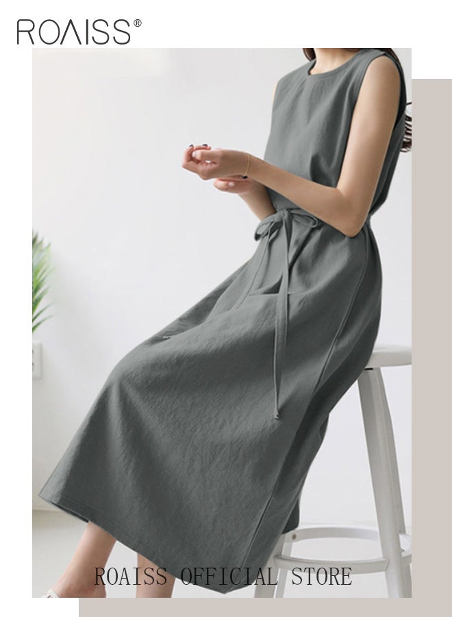 roaiss Ladies Comfortable High-Waist Dress for Daily Commute - Sleeveless Cotton Linen Dress with Simple Design and Soothing Solid Color Featuring Waist Design and Round Neckline - Image 2
