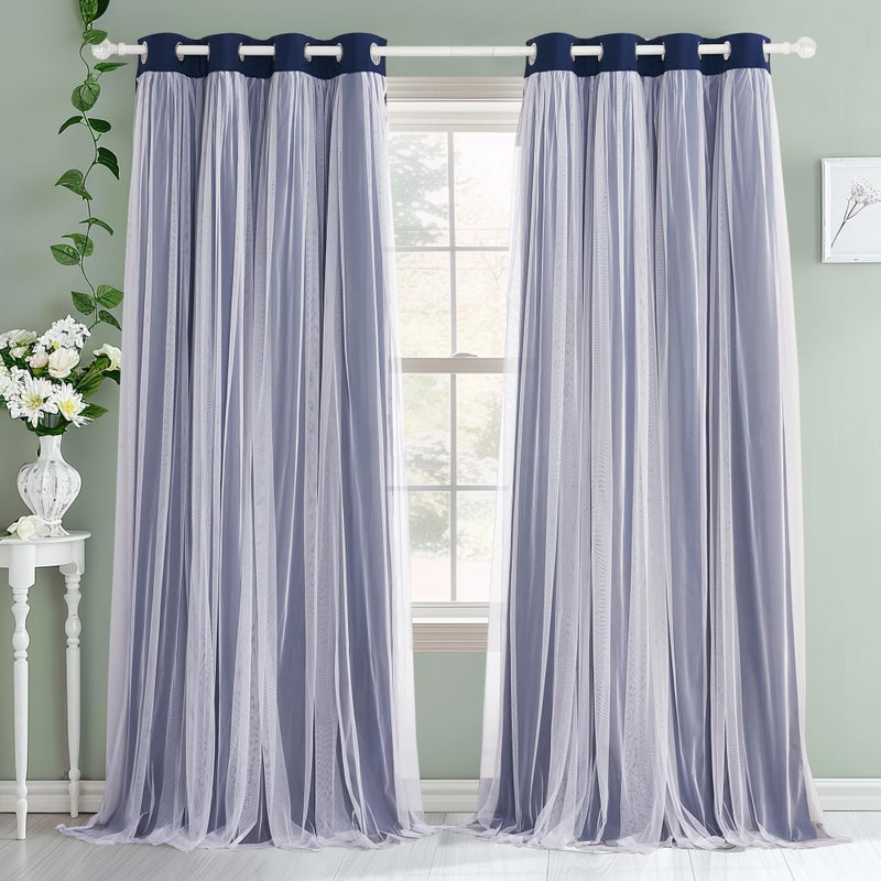 PONY DANCE Navy Blue Curtains Blackout - Room Darkening Curtains with Sheer Elegance Drapery Layered Drapes Mix and Match for Living Room/Kids Bedroom (Set of 2, 52x84 inch, Free Tie-Backs) - Image 2