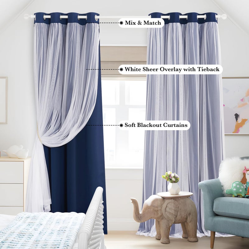 PONY DANCE Navy Blue Curtains Blackout - Room Darkening Curtains with Sheer Elegance Drapery Layered Drapes Mix and Match for Living Room/Kids Bedroom (Set of 2, 52x84 inch, Free Tie-Backs) - Image 4