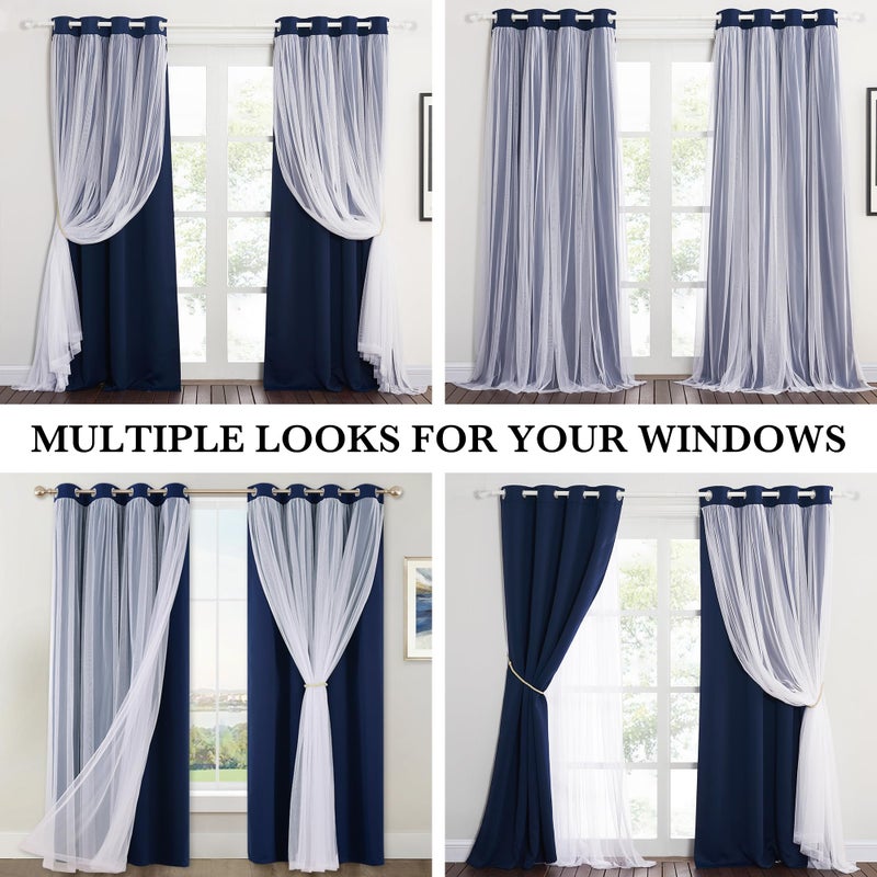 PONY DANCE Navy Blue Curtains Blackout - Room Darkening Curtains with Sheer Elegance Drapery Layered Drapes Mix and Match for Living Room/Kids Bedroom (Set of 2, 52x84 inch, Free Tie-Backs) - Image 5