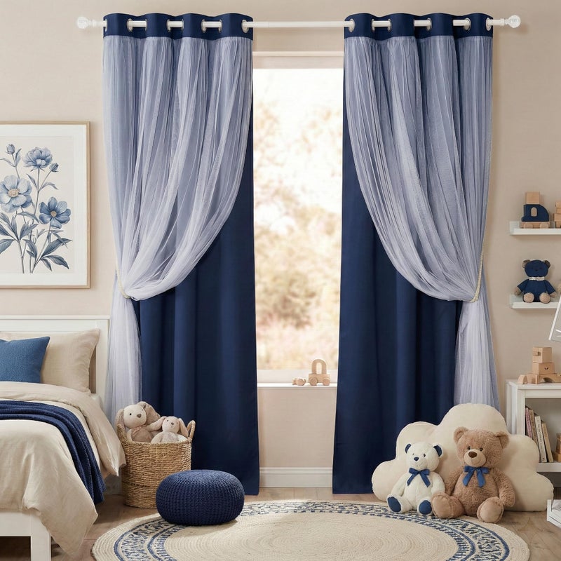 PONY DANCE Navy Blue Curtains Blackout - Room Darkening Curtains with Sheer Elegance Drapery Layered Drapes Mix and Match for Living Room/Kids Bedroom (Set of 2, 52x84 inch, Free Tie-Backs) - Image 1