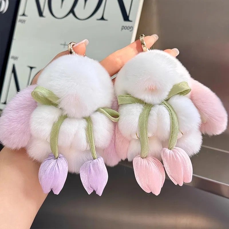 Y&D 10cm Cute Real Rex Rabbit Fur Keychain Mini Bunny Pendant Women Bag Charm Car Key Ring Ornaments Girl Plush Toy Trinkets Gift - Image 3
