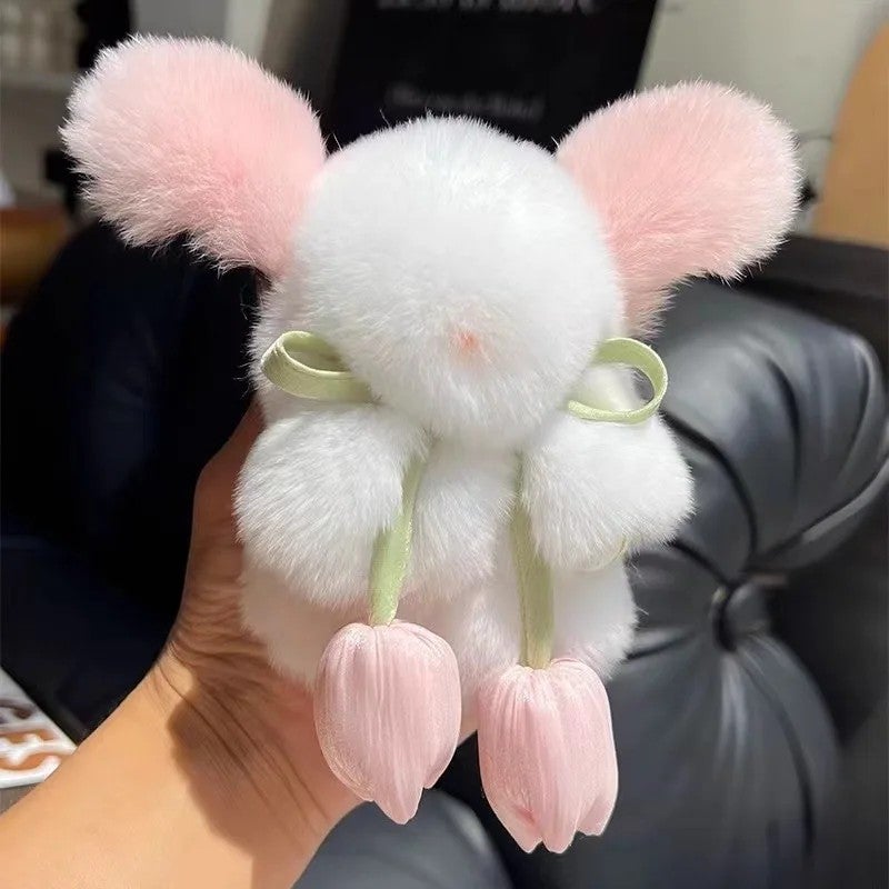 Y&D 10cm Cute Real Rex Rabbit Fur Keychain Mini Bunny Pendant Women Bag Charm Car Key Ring Ornaments Girl Plush Toy Trinkets Gift - Image 4