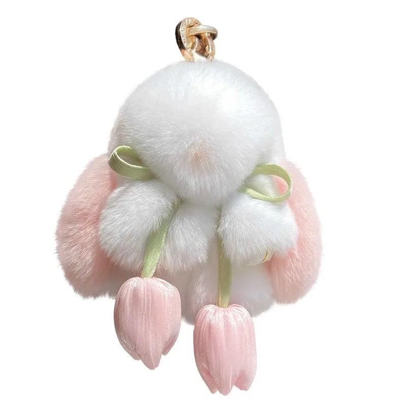 Y&D 10cm Cute Real Rex Rabbit Fur Keychain Mini Bunny Pendant Women Bag Charm Car Key Ring Ornaments Girl Plush Toy Trinkets Gift - Image 2