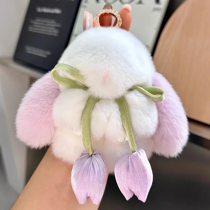 Y&D 10cm Cute Real Rex Rabbit Fur Keychain Mini Bunny Pendant Women Bag Charm Car Key Ring Ornaments Girl Plush Toy Trinkets Gift - Image 5