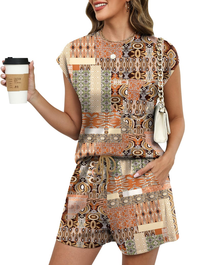 LOMON Women's Two Piece Lounge Sets 2026 Summer Casual Oversized Shirts and Shorts Sets Matching Airport Travel Outfit Ethnic Print S - Image 2