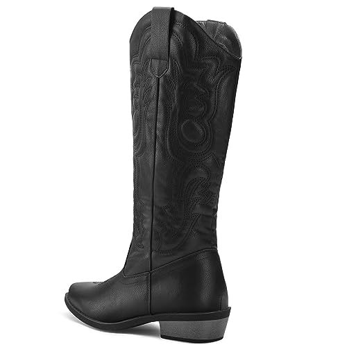 mysoft Women's Cowboy Boots Mid Calf Cowgirl Embroidered Western Pointed Toe Chunky Heel Pull On Knee High Boots - Image 5