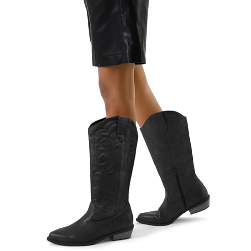 mysoft Women's Cowboy Boots Mid Calf Cowgirl Embroidered Western Pointed Toe Chunky Heel Pull On Knee High Boots - Image 3