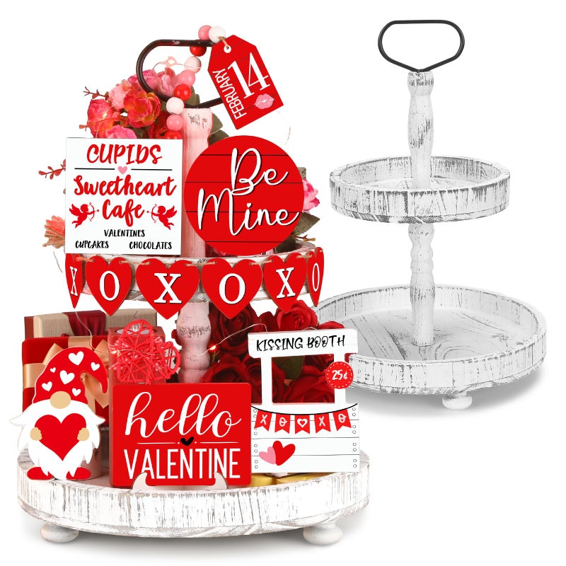 Shellwei 14 Set Valentines Day Tiered Tray Decor with Tray Love Heart Wood Sign Gnome Rustic Farmhouse Wooden Decor Signs for Romantic Valentines Day Table Holiday