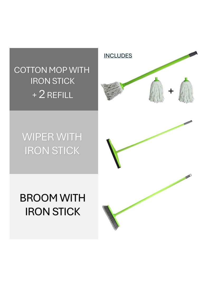 Clean and Care Cleaning Set Broom Wiper Cotton Mop with Iron Stick and Two Refill Set for Kitchen Home Bathroom tools Assorted Color - pzsku/Z944A75483E04C4ACC144Z/45/_/1718002534/adffc321-5417-48fb-98fa-72b6ed2a7dbf