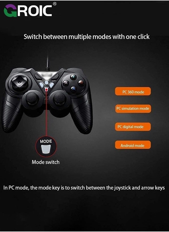 GROIC - Black USB Game Handle,Wired Controller Joystick Gamepad, Support Vibration, with Turbo & AUTO Function Keys, Ergonomically Designed - Image 1