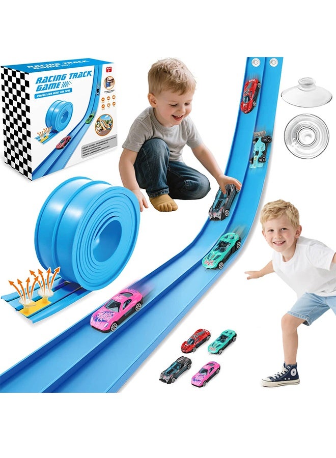 YelaJoy Flexible Race Track Toys for Kids: 15 Ft Flex Race Car Ramp Track with Suction Cups - Rolls Up Portable DIY Racetrack Compatible with Diecast 1/64th Cars Model - Birthday Gifts for Boys Girls Ages 3+ - Image 1
