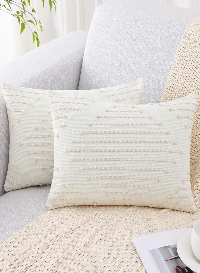Mecatny Boho Outdoor Throw Pillow Covers 12X20 Set of 2, Farmhouse Lumbar Pillow Covers for Couch Sofa Living Room, Beige & Cream White - Image 1