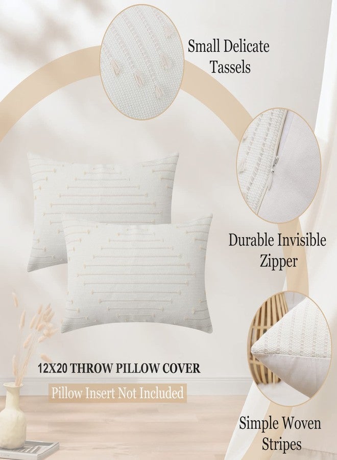 Mecatny Boho Outdoor Throw Pillow Covers 12X20 Set of 2, Farmhouse Lumbar Pillow Covers for Couch Sofa Living Room, Beige & Cream White - Image 4
