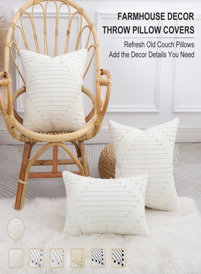 Mecatny Boho Outdoor Throw Pillow Covers 12X20 Set of 2, Farmhouse Lumbar Pillow Covers for Couch Sofa Living Room, Beige & Cream White - Image 2