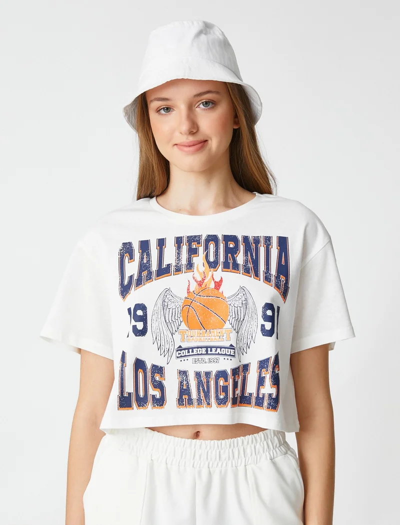 كوتون Crop T-Shirt Short Sleeve Crew Neck College Printed
