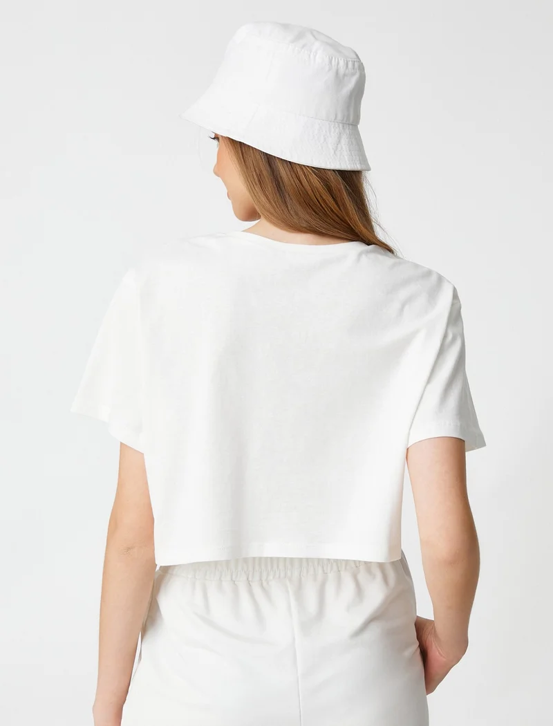 كوتون Crop T-Shirt Short Sleeve Crew Neck College Printed