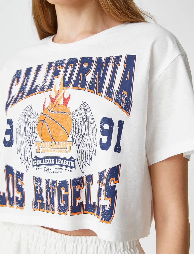 كوتون Crop T-Shirt Short Sleeve Crew Neck College Printed