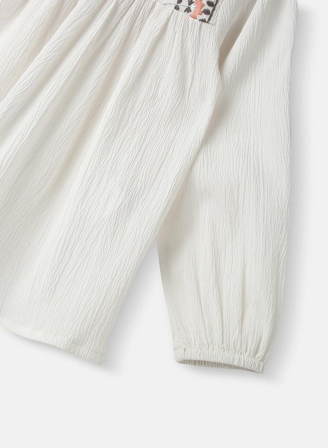 Nautinati Girls Floral Print Peter Pan Collar with Puff Sleeve Cotton Dress| Age 3 Months -6 Years Off White - Image 5