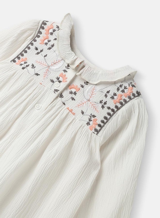 Nautinati Girls Floral Print Peter Pan Collar with Puff Sleeve Cotton Dress| Age 3 Months -6 Years Off White - Image 3