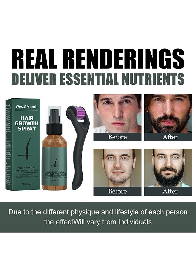 West&Month - Hair Growth Spray,Beard Growth Spray Set for Men Nourishing Moisturizing Moustache Growth Enhancer Anti Hair Loss Care Serum with Beard Roller 30ml - Image 1