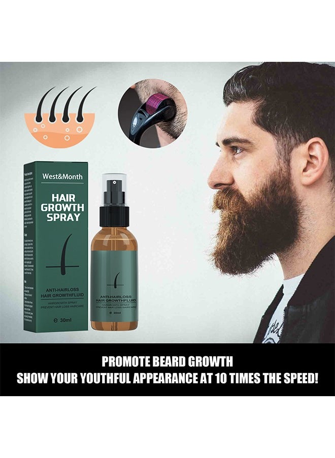 West&Month - Hair Growth Spray,Beard Growth Spray Set for Men Nourishing Moisturizing Moustache Growth Enhancer Anti Hair Loss Care Serum with Beard Roller 30ml - Image 1