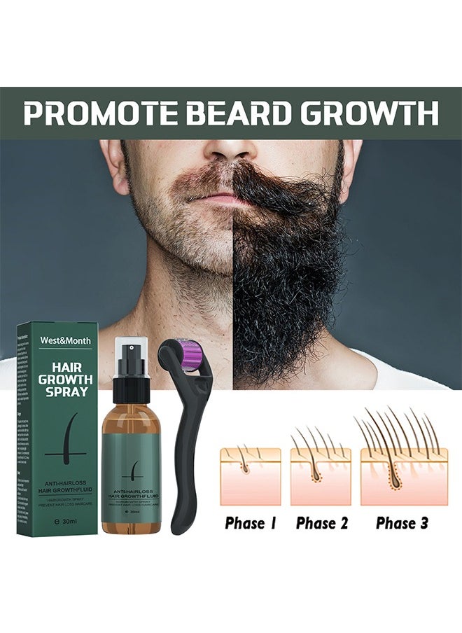 West&Month - Hair Growth Spray,Beard Growth Spray Set for Men Nourishing Moisturizing Moustache Growth Enhancer Anti Hair Loss Care Serum with Beard Roller 30ml - Image 1