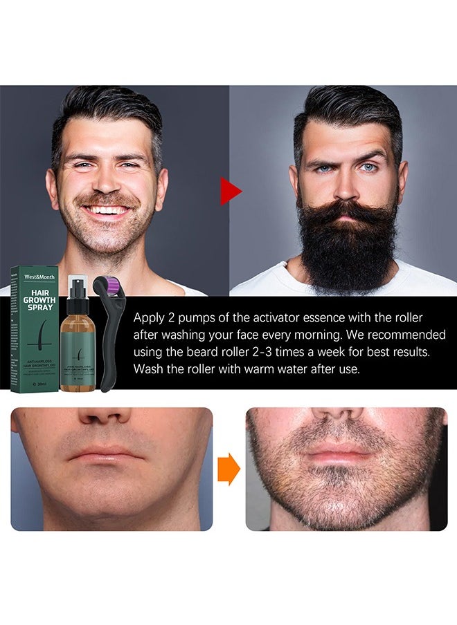 West&Month - Hair Growth Spray,Beard Growth Spray Set for Men Nourishing Moisturizing Moustache Growth Enhancer Anti Hair Loss Care Serum with Beard Roller 30ml - Image 1