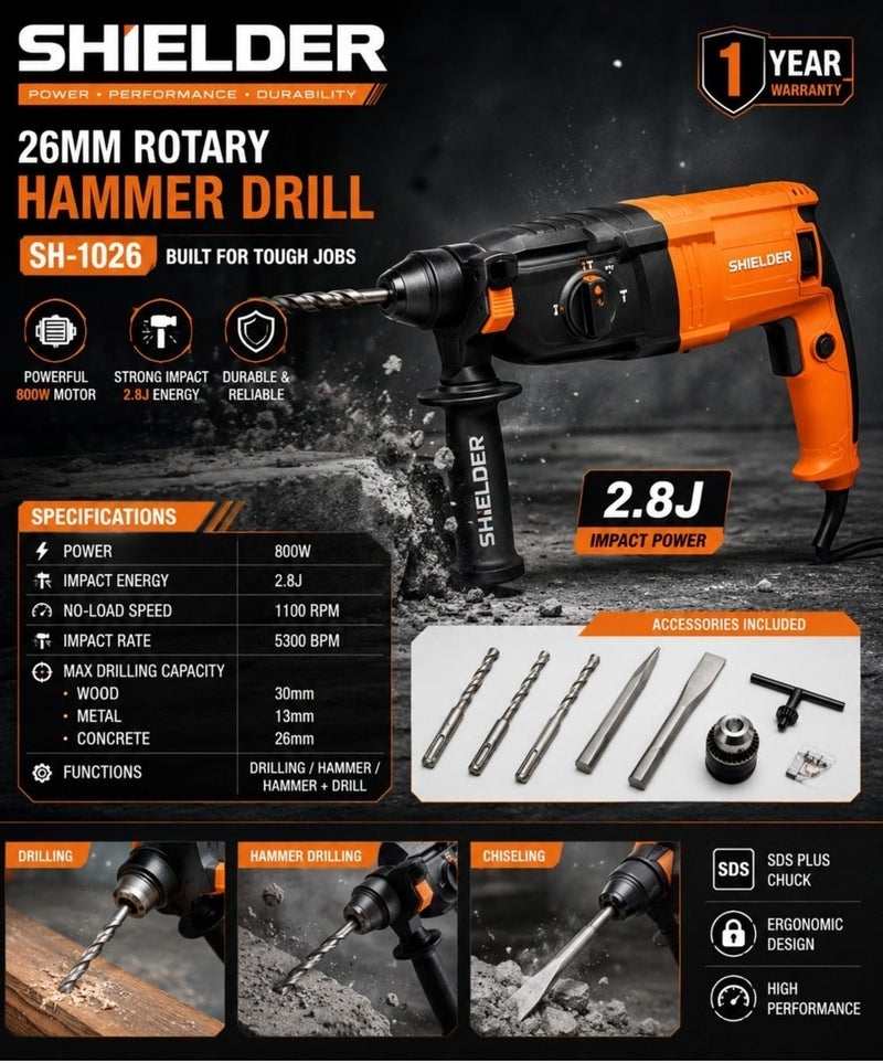 Shielder Rotary Hammer Drill Shielder SH-1026 26mm 800W SDS 3-Mode Chuck - Image 1
