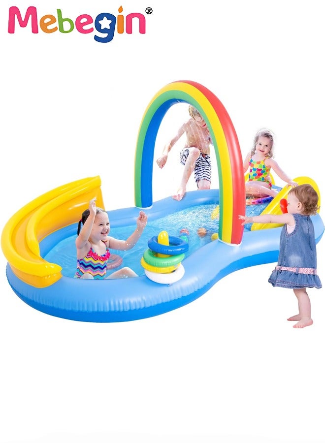 ميبيجين حوض سباحة للأطفال مقاس 220*122*104 سم، حوض سباحة قابل للنفخ مع منزلق مائي، مركز لعب قابل للنفخ للأطفال مع رذاذ الماء وكرات رمي الحلقات، سهل الإعداد والتخزين، مناسب للفناء الخلفي والحديقة والشاطئ والحفلات الصيفية - Image 2
