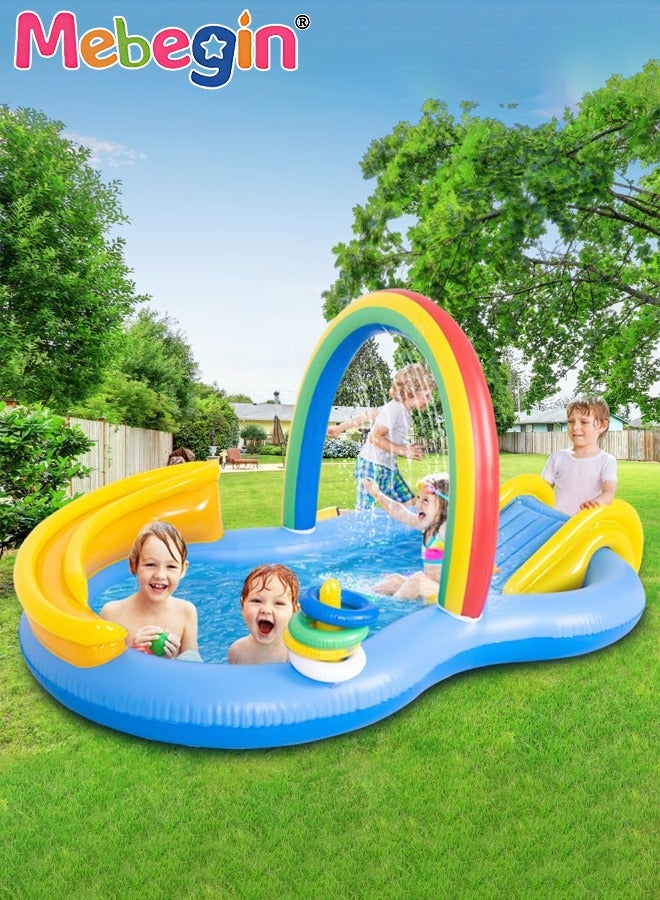 ميبيجين حوض سباحة للأطفال مقاس 220*122*104 سم، حوض سباحة قابل للنفخ مع منزلق مائي، مركز لعب قابل للنفخ للأطفال مع رذاذ الماء وكرات رمي الحلقات، سهل الإعداد والتخزين، مناسب للفناء الخلفي والحديقة والشاطئ والحفلات الصيفية - Image 1