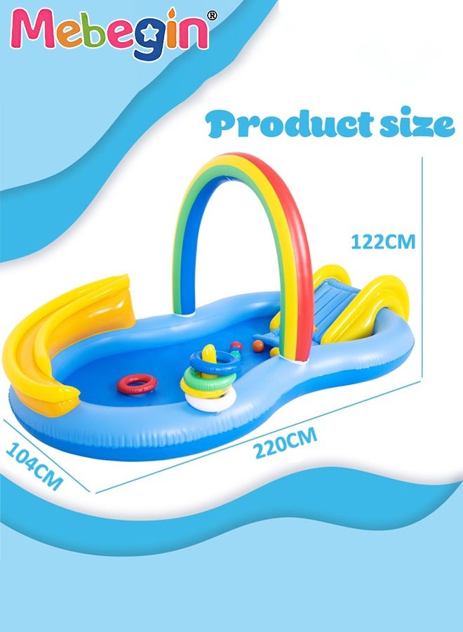 ميبيجين حوض سباحة للأطفال مقاس 220*122*104 سم، حوض سباحة قابل للنفخ مع منزلق مائي، مركز لعب قابل للنفخ للأطفال مع رذاذ الماء وكرات رمي الحلقات، سهل الإعداد والتخزين، مناسب للفناء الخلفي والحديقة والشاطئ والحفلات الصيفية - Image 3