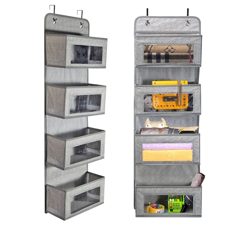 BrilliantJo Over Door Storage Organiser 4 Pockets Soft Fabric Hanging Storage Organizer with Clear Window for Pantry Baby Nursery Bathroom Greywhite